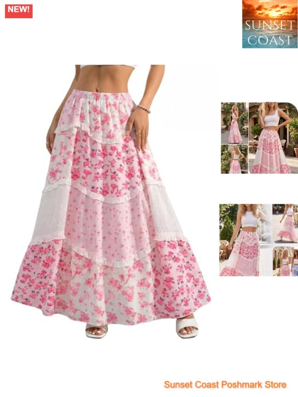Boho Floral Maxi Skirt Tiered Ruffle Lace Elastic Waist Flowy Long Skirt Summer